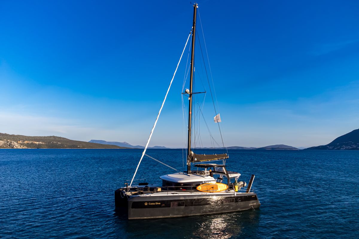 Exterior view of Casta Diva Vip-Equipped, a Lagoon 42 catamaran at Preveza, Greece