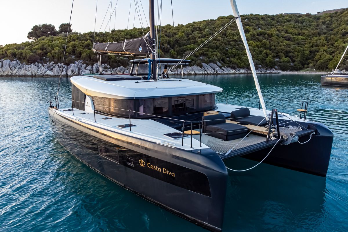 Exterior view of Casta Diva Vip-Equipped, a Lagoon 42 catamaran at Preveza, Greece