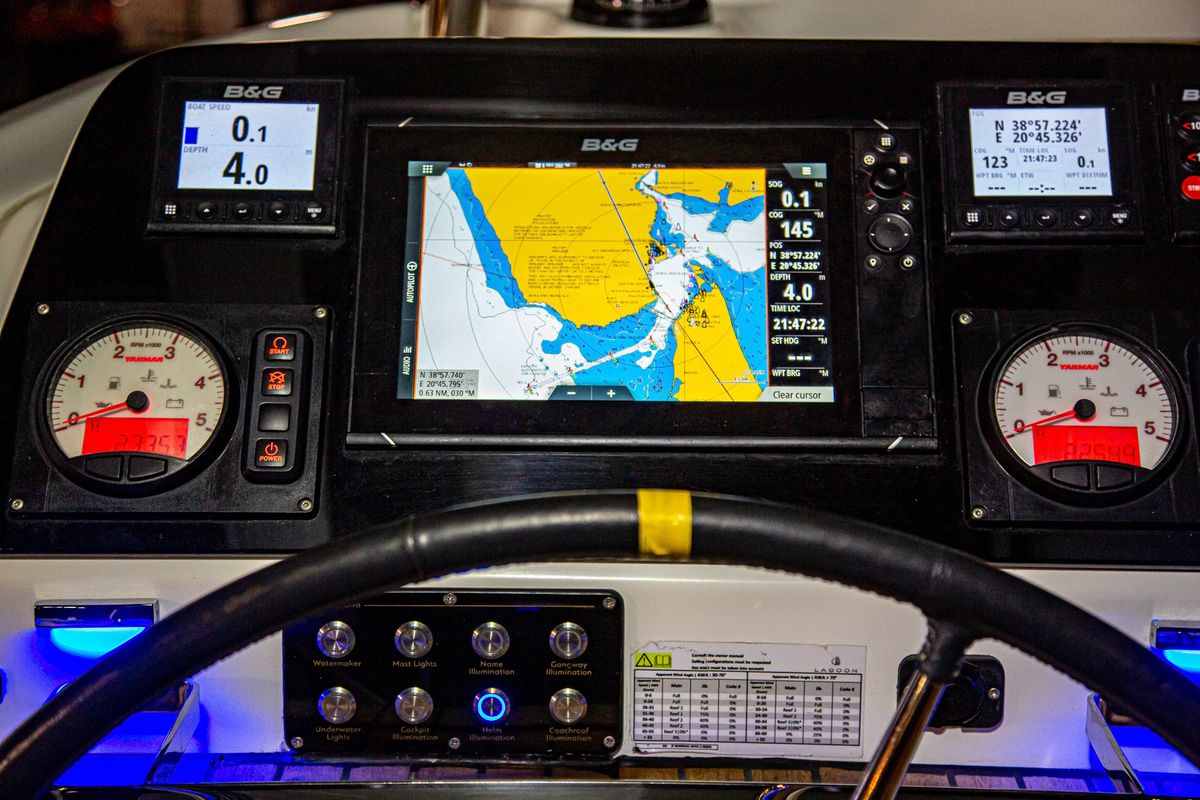 Cockpit of Casta Diva Vip-Equipped, a Lagoon 42 catamaran at Preveza, Greece
