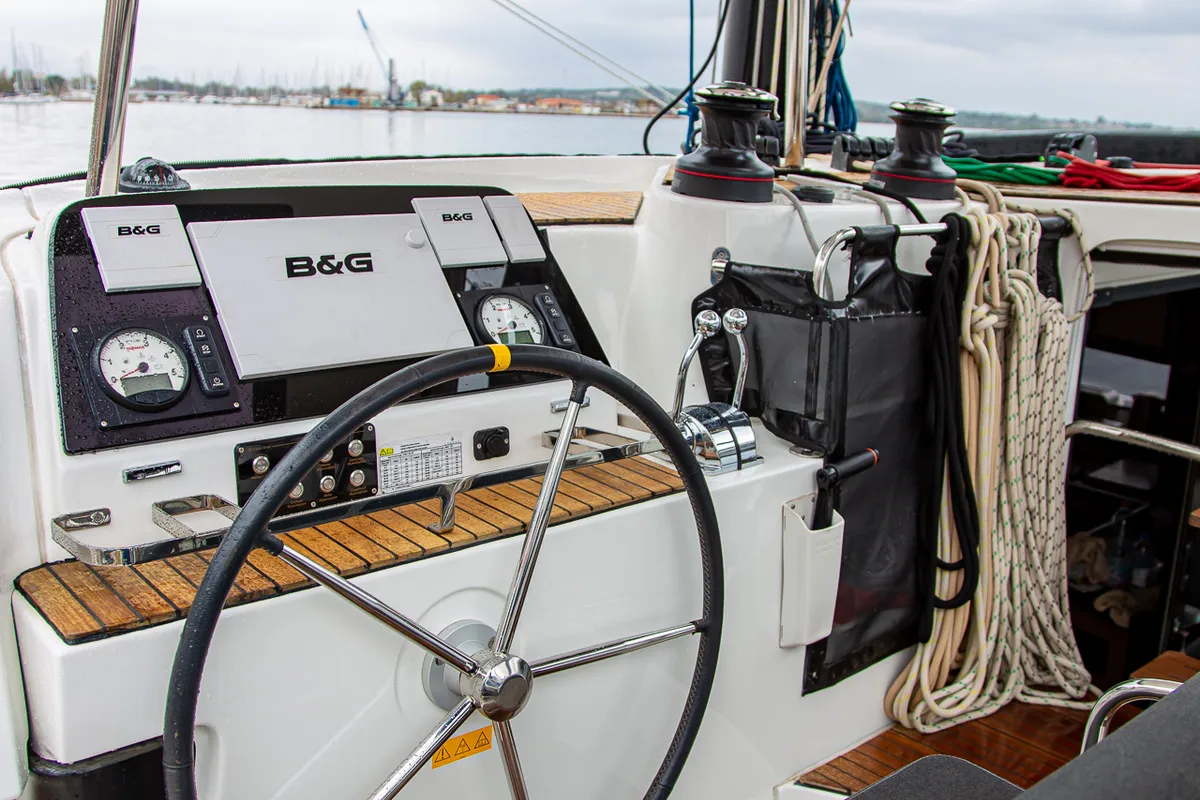 Cockpit of Casta Diva Vip-Equipped, a Lagoon 42 catamaran at Preveza, Greece