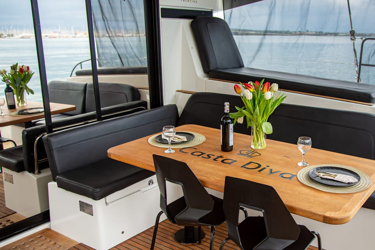 Deck of Casta Diva Vip-Equipped, a Lagoon 42 catamaran at Preveza, Greece