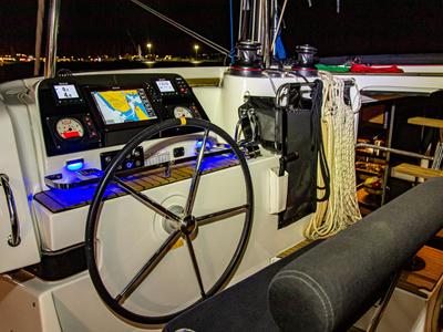 Cockpit of Casta Diva Vip-Equipped, a Lagoon 42 catamaran at Preveza, Greece