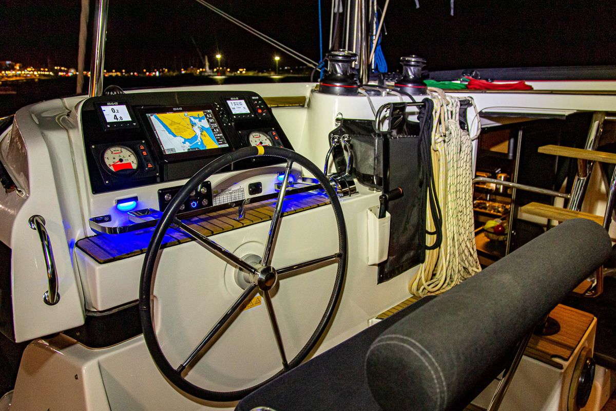 Cockpit of Casta Diva Vip-Equipped, a Lagoon 42 catamaran at Preveza, Greece