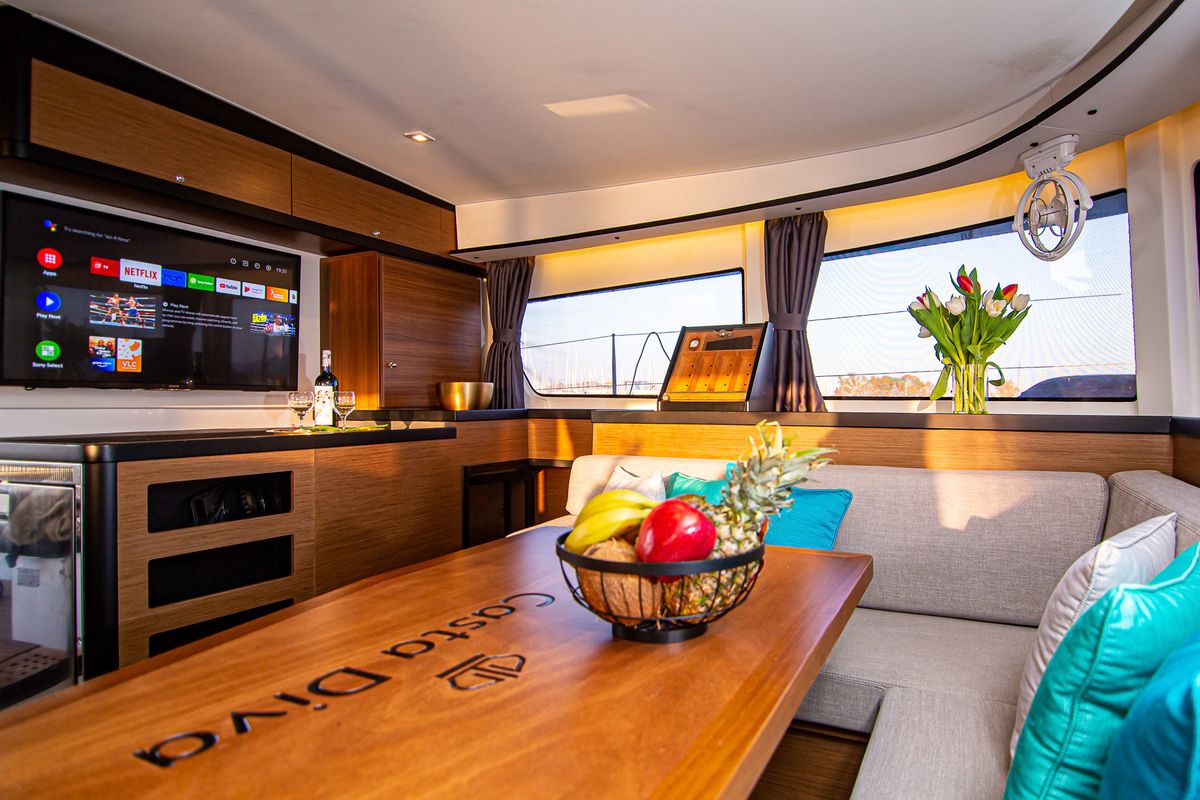 Salon of Casta Diva Vip-Equipped, a Lagoon 42 catamaran at Preveza, Greece