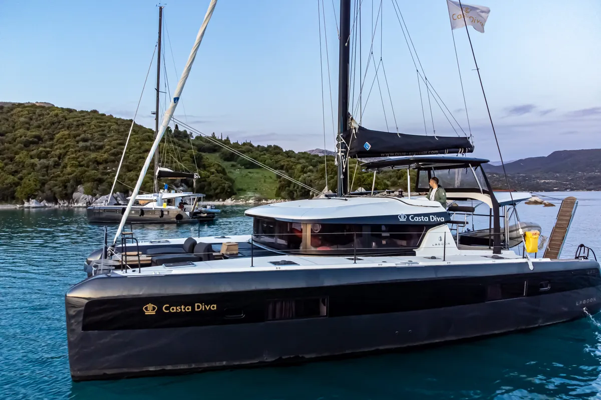 Exterior view of Casta Diva Vip-Equipped, a Lagoon 42 catamaran at Preveza, Greece