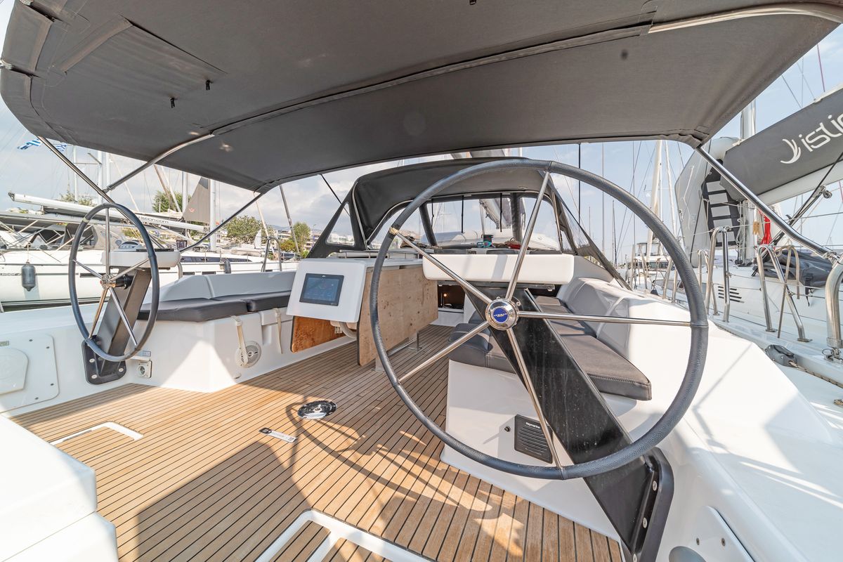 Cockpit of Hierax, a Dufour 430 sailboat at Volos Municipality, Greece