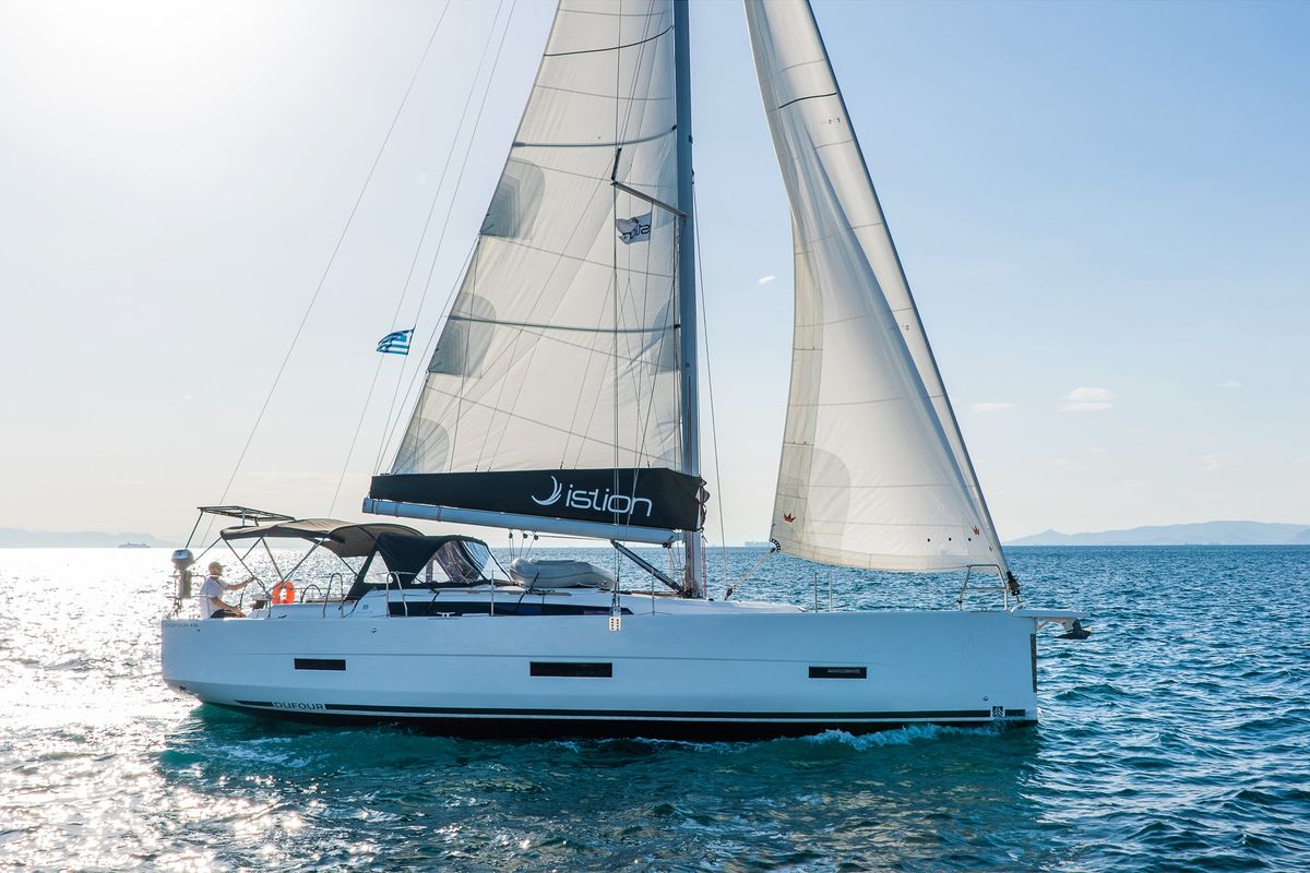 Exterior view of Hierax, a Dufour 430 sailboat at Volos Municipality, Greece