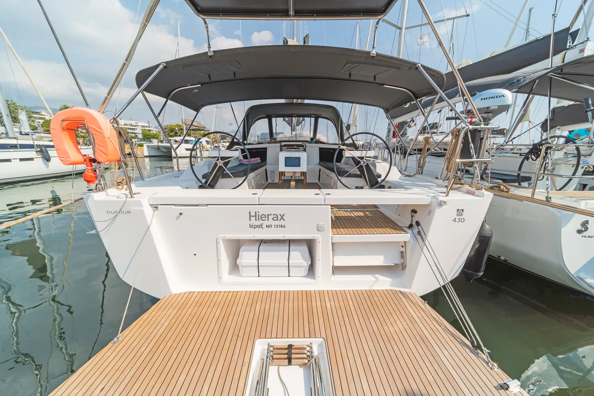 Exterior view of Hierax, a Dufour 430 sailboat at Volos Municipality, Greece