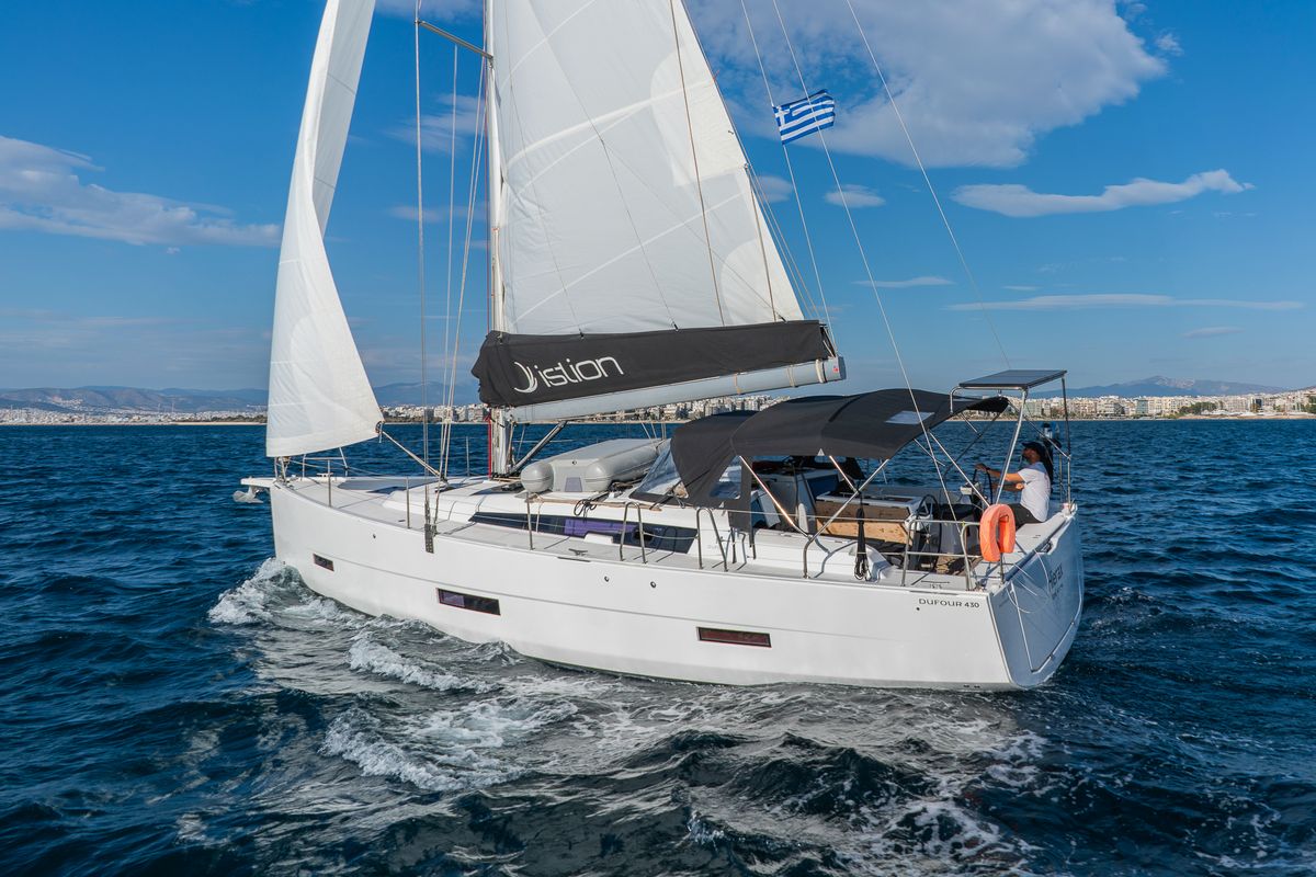 Exterior view of Hierax, a Dufour 430 sailboat at Volos Municipality, Greece