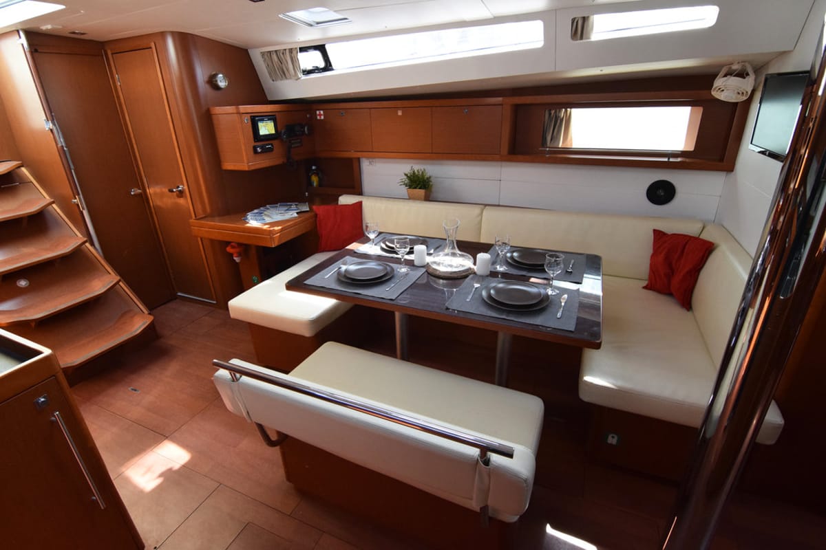 Salon of Butterfly, a Beneteau Oceanis 48 sailboat at Kontokali, Greece