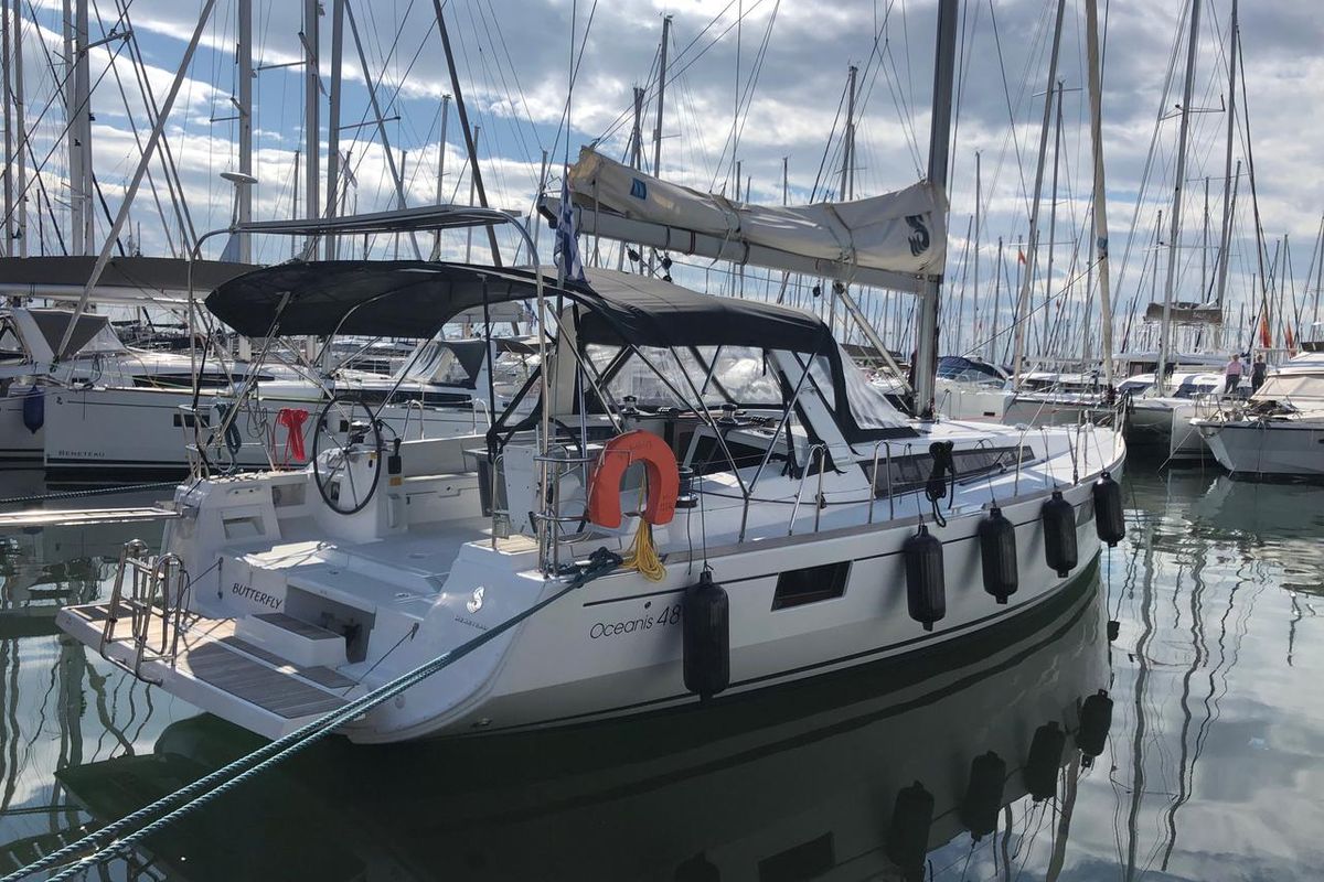 Exterior view of Butterfly, a Beneteau Oceanis 48 sailboat at Kontokali, Greece