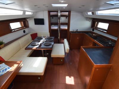 Salon of Butterfly, a Beneteau Oceanis 48 sailboat at Kontokali, Greece