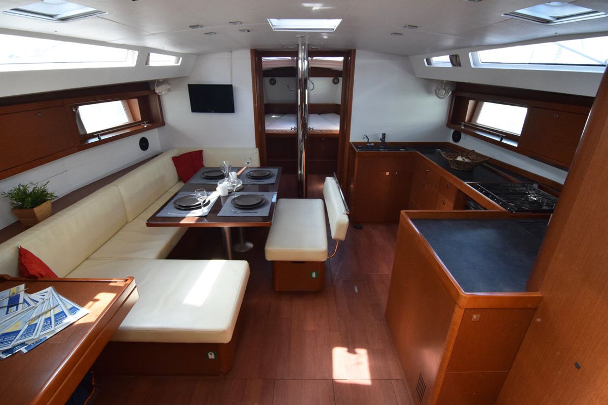 Salon of Butterfly, a Beneteau Oceanis 48 sailboat at Kontokali, Greece