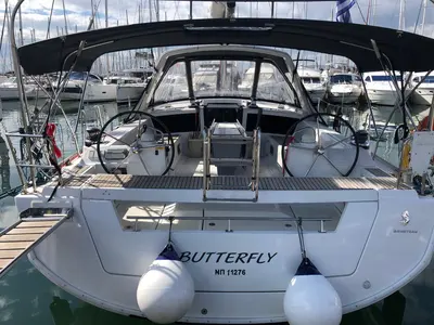 Cockpit of Butterfly, a Beneteau Oceanis 48 sailboat at Kontokali, Greece