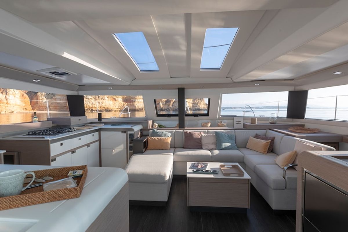 Salon of Lucky Traveller, a Fountaine Pajot Elba 45 catamaran at Road Town, British Virgin Islands