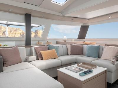 Salon of Lucky Traveller, a Fountaine Pajot Elba 45 catamaran at Road Town, British Virgin Islands