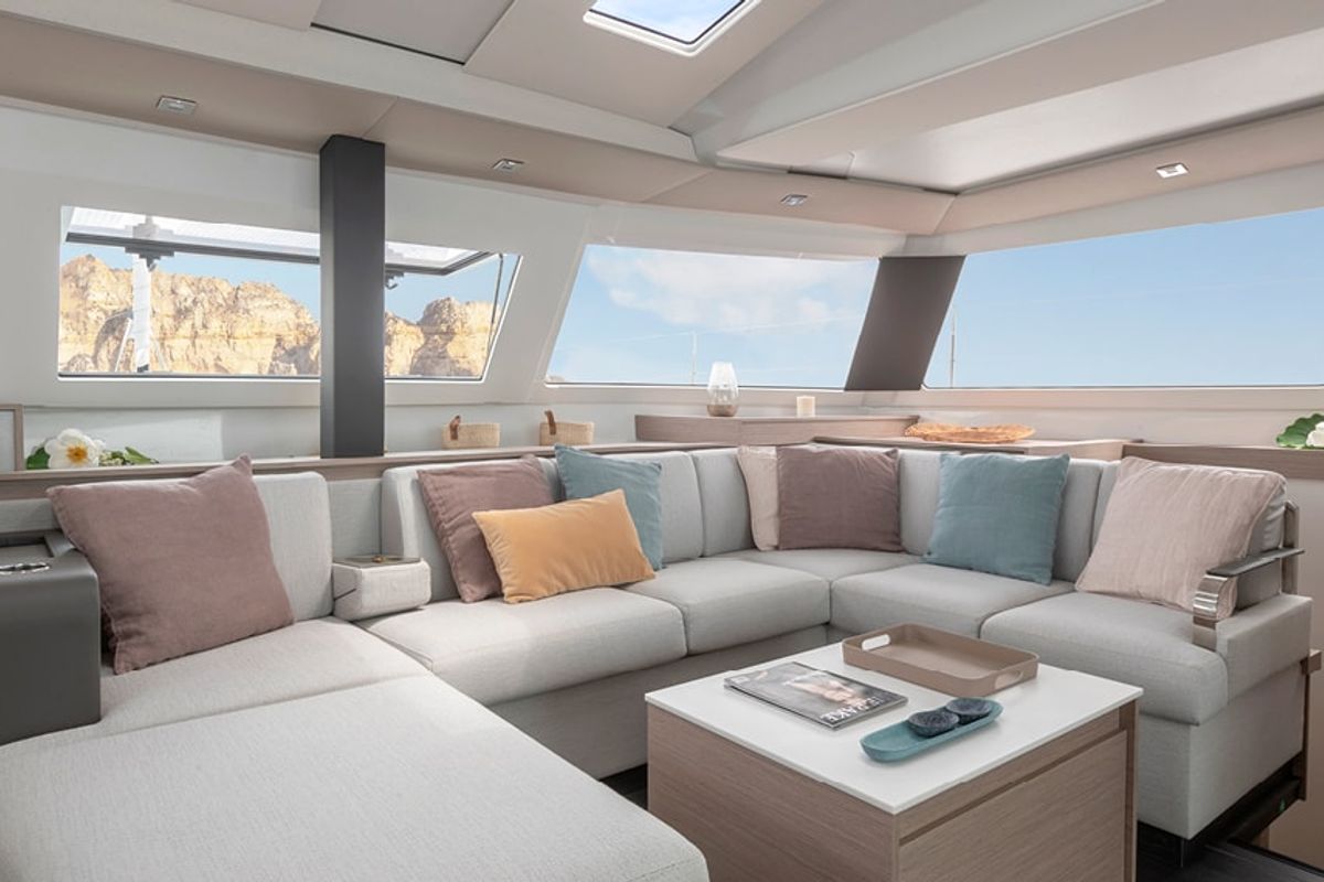 Salon of Lucky Traveller, a Fountaine Pajot Elba 45 catamaran at Road Town, British Virgin Islands