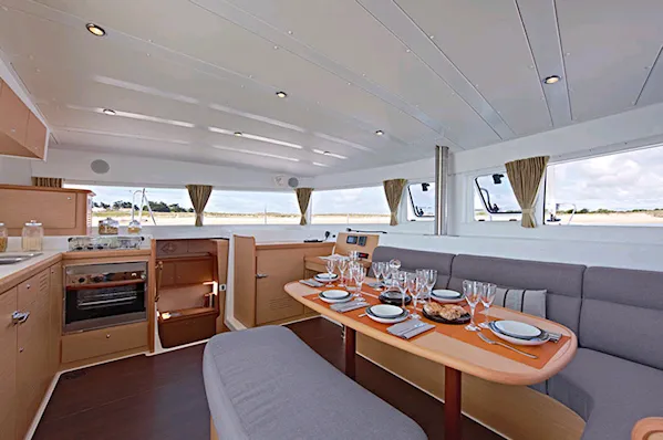 Salon of Lolina, a Lagoon 42 catamaran at Split, Croatia