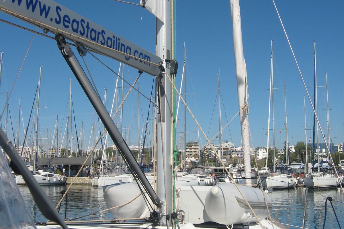 Deck of Delta, a Dufour 382 Grand Large sailboat at Athens, Greece