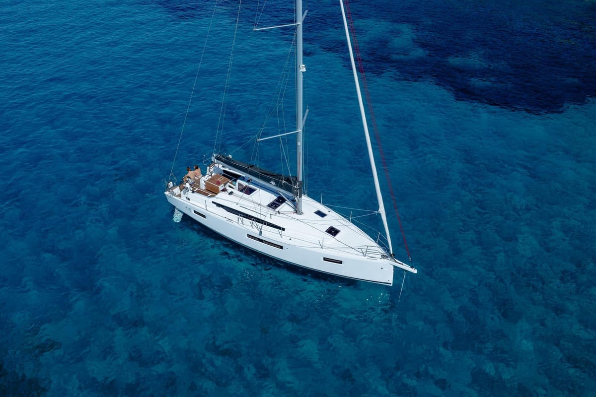 Exterior view of Penelope, a Jeanneau Sun Odyssey 415 sailboat at Sithonia Municipal Unit, Greece
