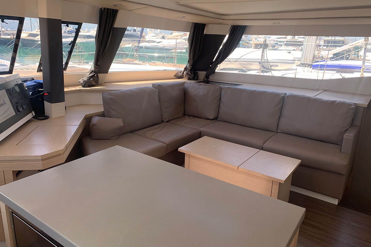 Salon of Waterloo, a Fountaine Pajot Saba 50 catamaran at Seget Donji, Croatia