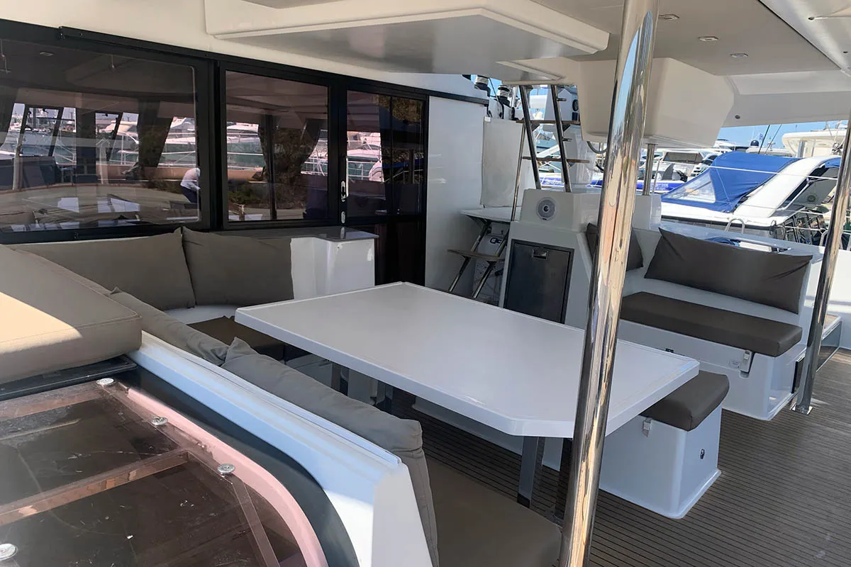 Deck of Waterloo, a Fountaine Pajot Saba 50 catamaran at Seget Donji, Croatia