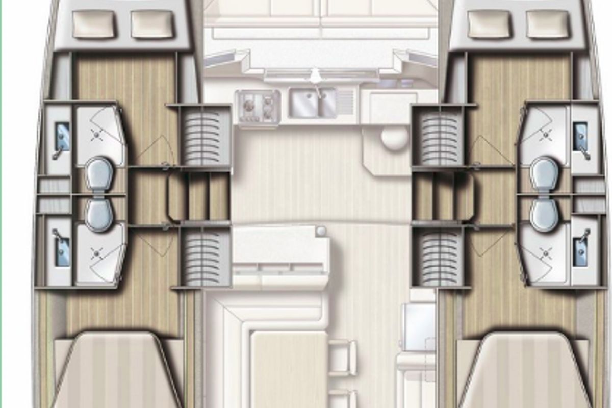 Floor plan of Adria Sunset, a Bali 4.1 catamaran at Punat, Croatia