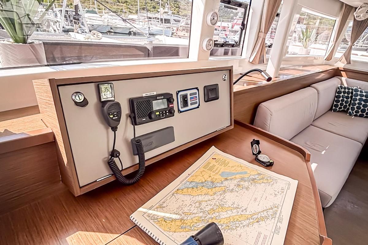 Cockpit of Red Twin II, a Lagoon 450 F catamaran at Primošten, Croatia