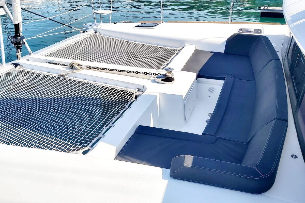 Deck of Red Twin II, a Lagoon 450 F catamaran at Primošten, Croatia