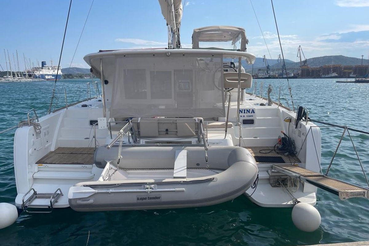 Exterior view of Nina (A/C, Gen 10KWA, watermaker, electric winch), a Lagoon 40 catamaran at Volos Municipality, Greece