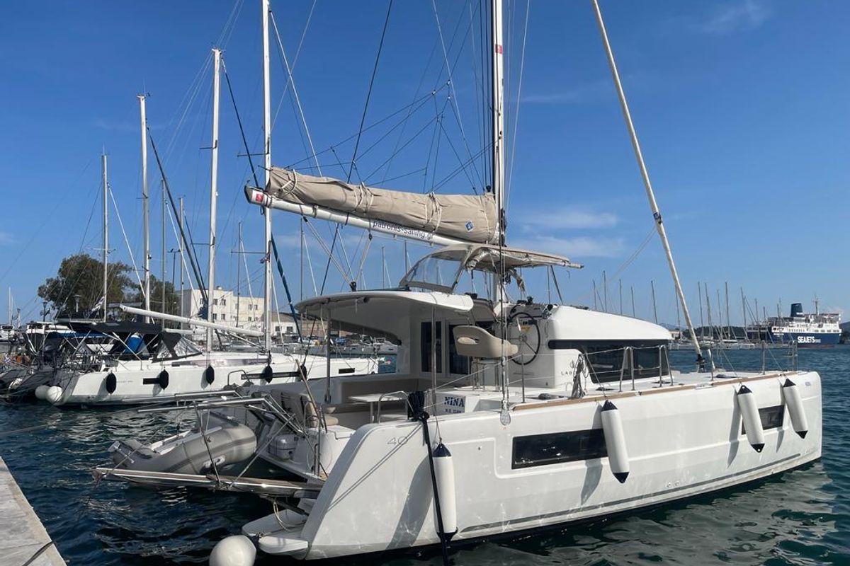 Exterior view of Nina (A/C, Gen 10KWA, watermaker, electric winch), a Lagoon 40 catamaran at Volos Municipality, Greece