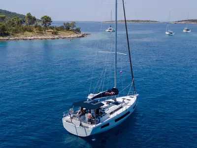 Exterior view of Moorings 44.3 Exclusive, a Dufour 44 sailboat at Road Town, British Virgin Islands