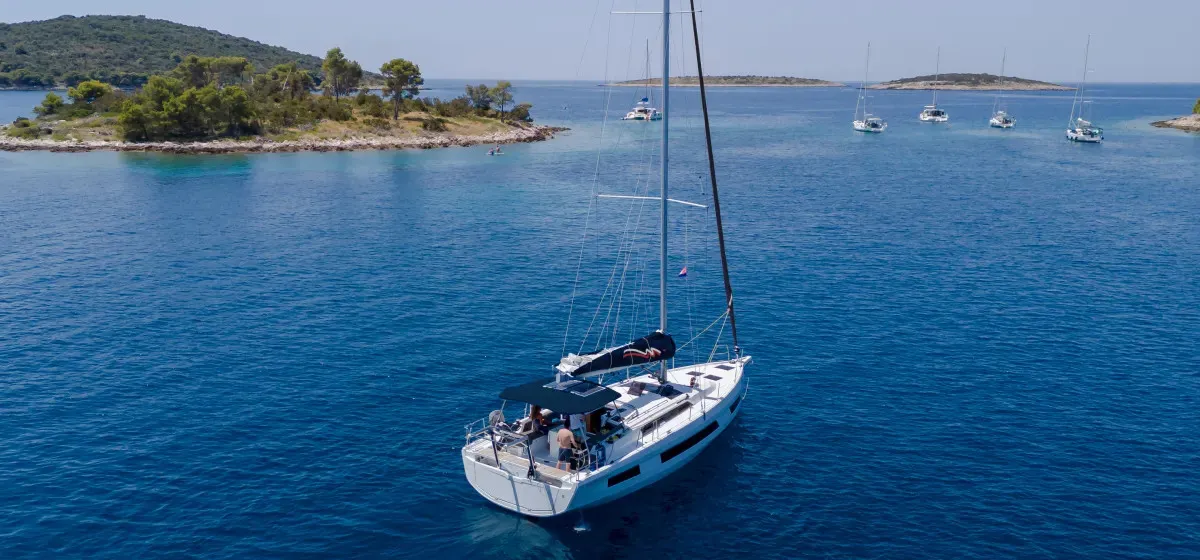 Exterior view of Moorings 44.3 Exclusive, a Dufour 44 sailboat at Road Town, British Virgin Islands