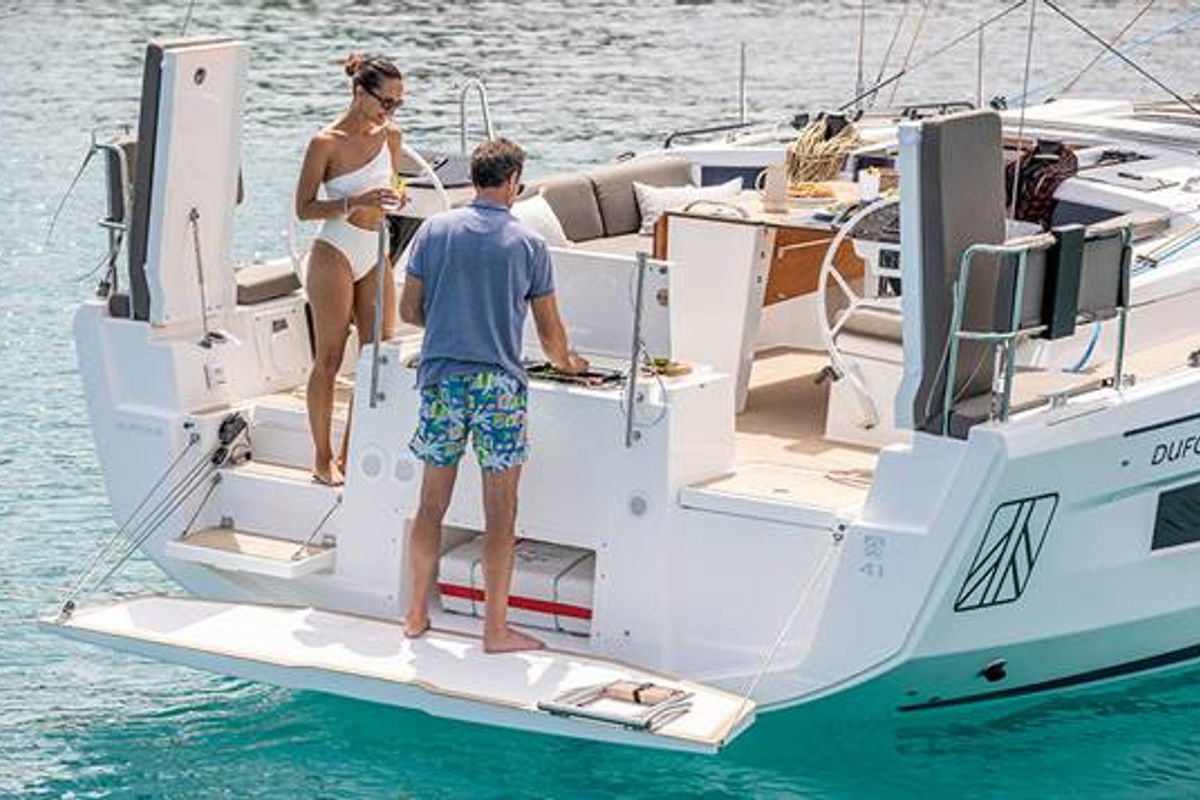 Deck of Iris, a Dufour 41 sailboat at Lavreotiki Municipal Unit, Greece