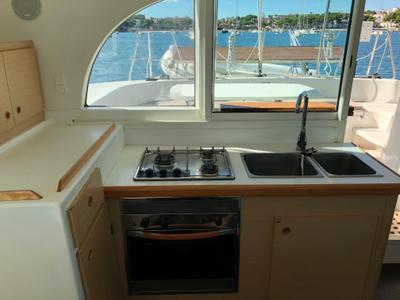Galley of blue elli, a Lagoon 380 S2 catamaran at Kontokali, Greece