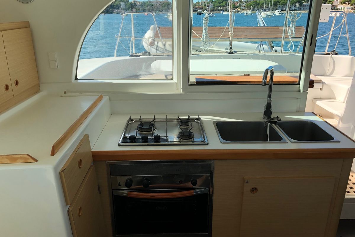 Galley of blue elli, a Lagoon 380 S2 catamaran at Kontokali, Greece