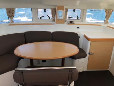 Salon of blue elli, a Lagoon 380 S2 catamaran at Kontokali, Greece