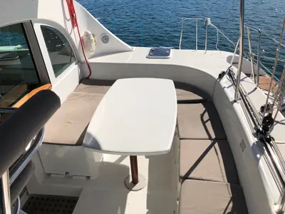 Deck of blue elli, a Lagoon 380 S2 catamaran at Kontokali, Greece