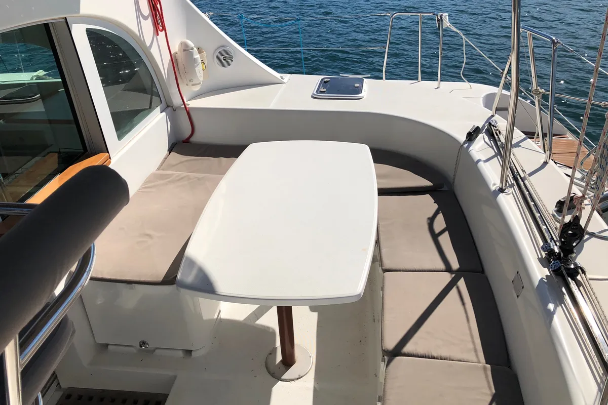 Deck of blue elli, a Lagoon 380 S2 catamaran at Kontokali, Greece