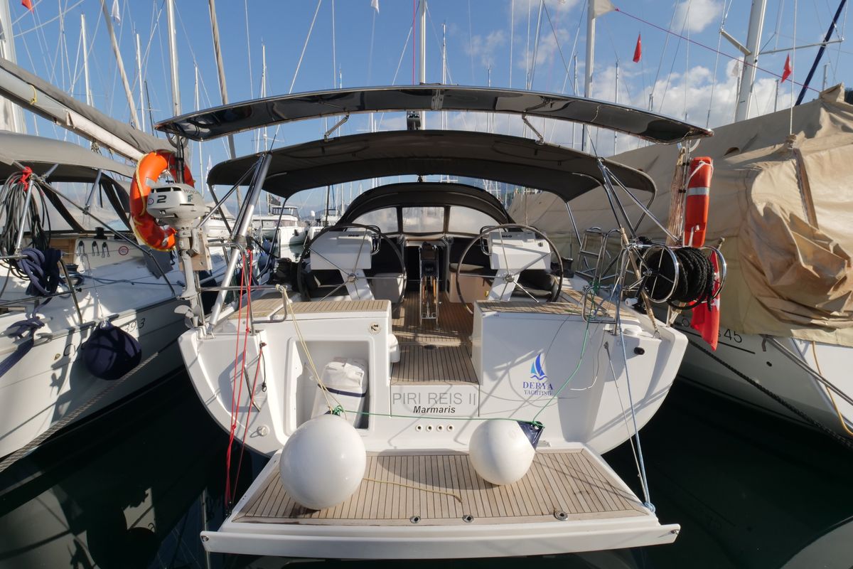 Exterior view of Piri Reis II, a Hanse Yachts Hanse 455 sailboat at Fethiye, Turkey