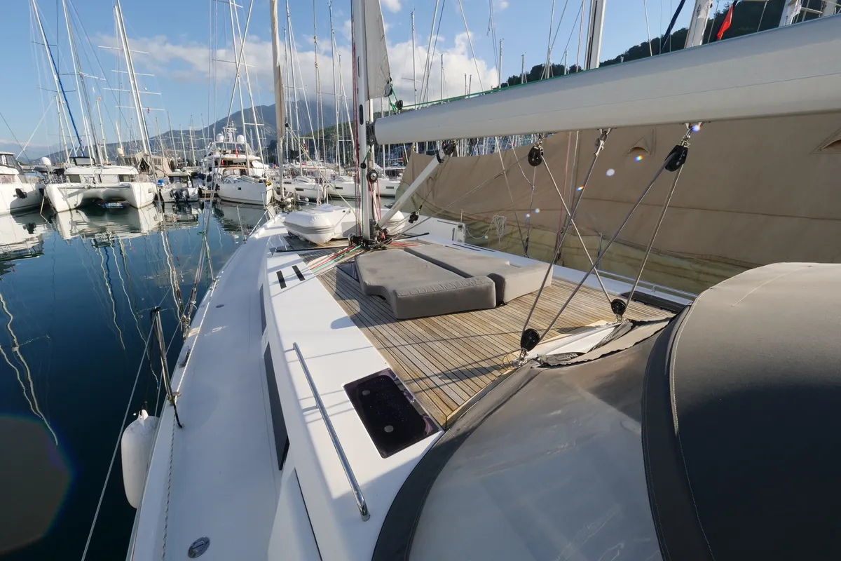 Deck of Piri Reis II, a Hanse Yachts Hanse 455 sailboat at Fethiye, Turkey