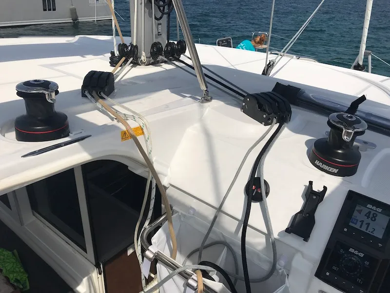 Cockpit of Orso Di Mare, a Lagoon 40 catamaran at Rosignano Solvay, Italy
