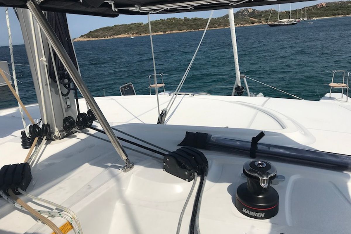 Cockpit of Orso Di Mare, a Lagoon 40 catamaran at Rosignano Solvay, Italy