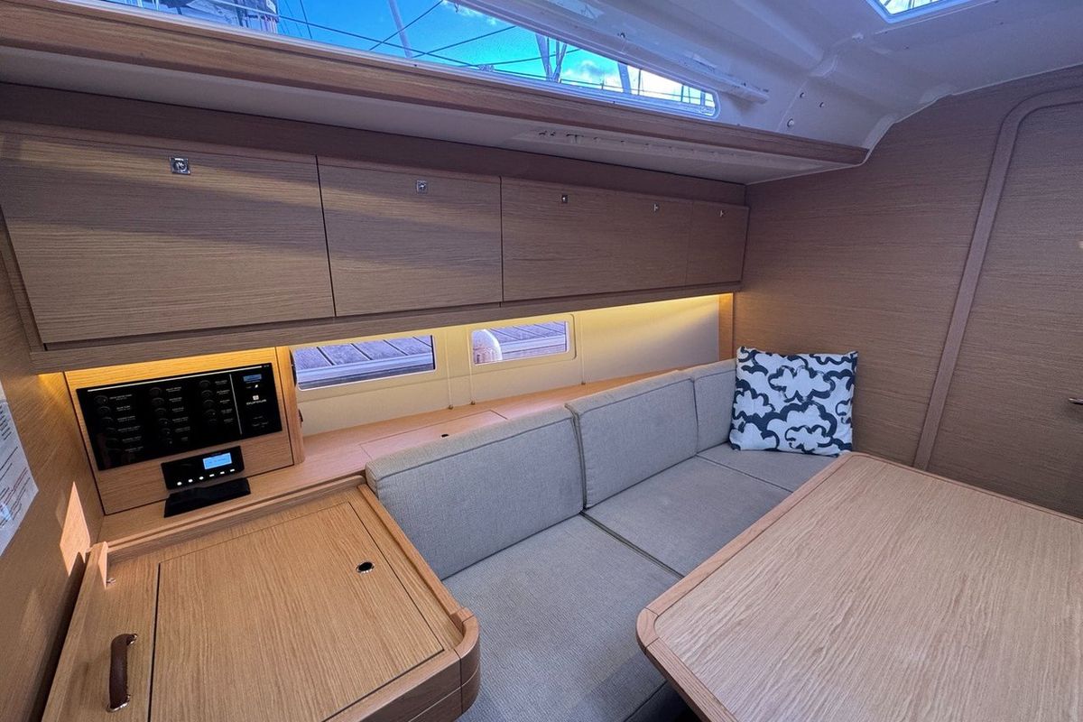 Salon of Stella Marie IV, a Dufour 390 sailboat at La Rochelle, France