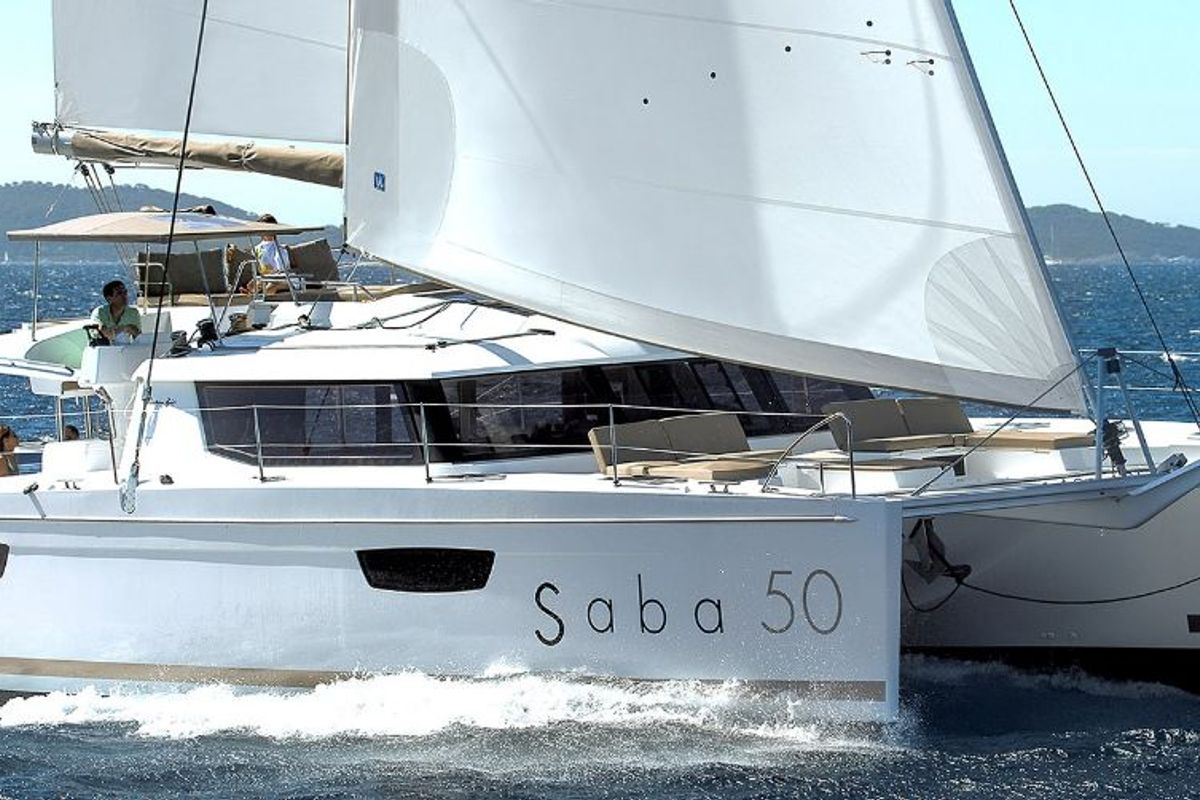 Exterior view of Bicos, a Fountaine Pajot Saba 50 catamaran at Fethiye, Turkey