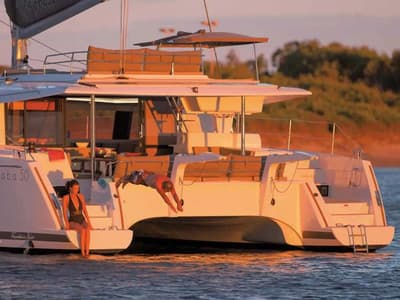 Exterior view of Bicos, a Fountaine Pajot Saba 50 catamaran at Fethiye, Turkey