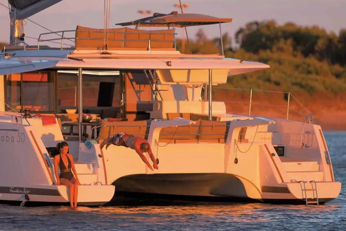 Exterior view of Bicos, a Fountaine Pajot Saba 50 catamaran at Fethiye, Turkey