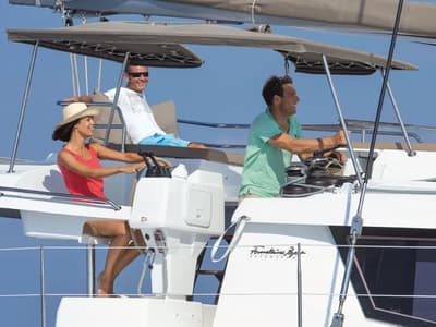 Cockpit of Bicos, a Fountaine Pajot Saba 50 catamaran at Fethiye, Turkey