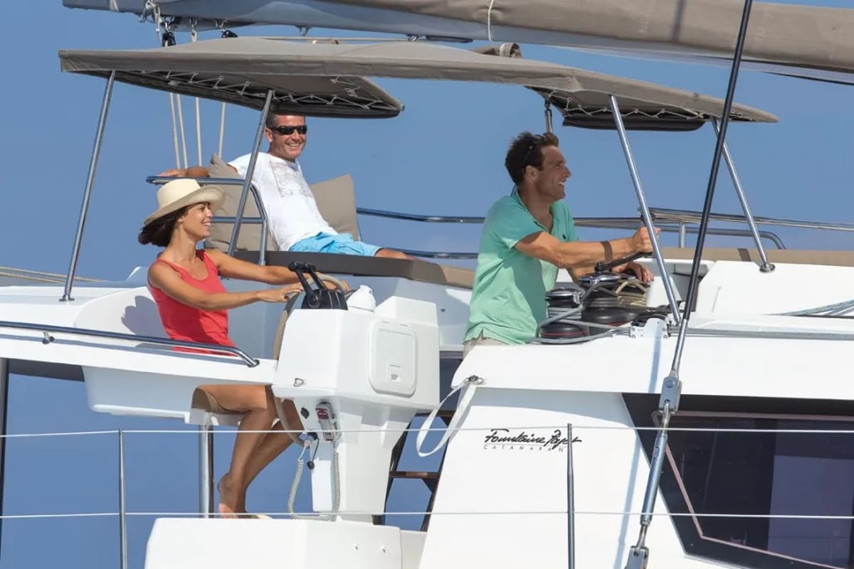 Cockpit of Bicos, a Fountaine Pajot Saba 50 catamaran at Fethiye, Turkey