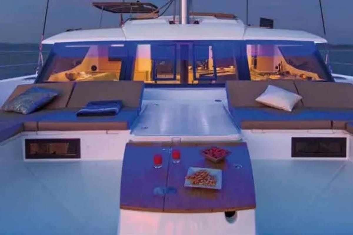 Deck of Bicos, a Fountaine Pajot Saba 50 catamaran at Fethiye, Turkey